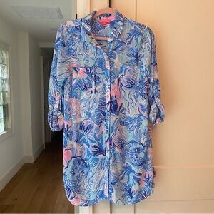 Lilly Pulitzer Blue Pink Print Button Down Tunic Dress – Size Small